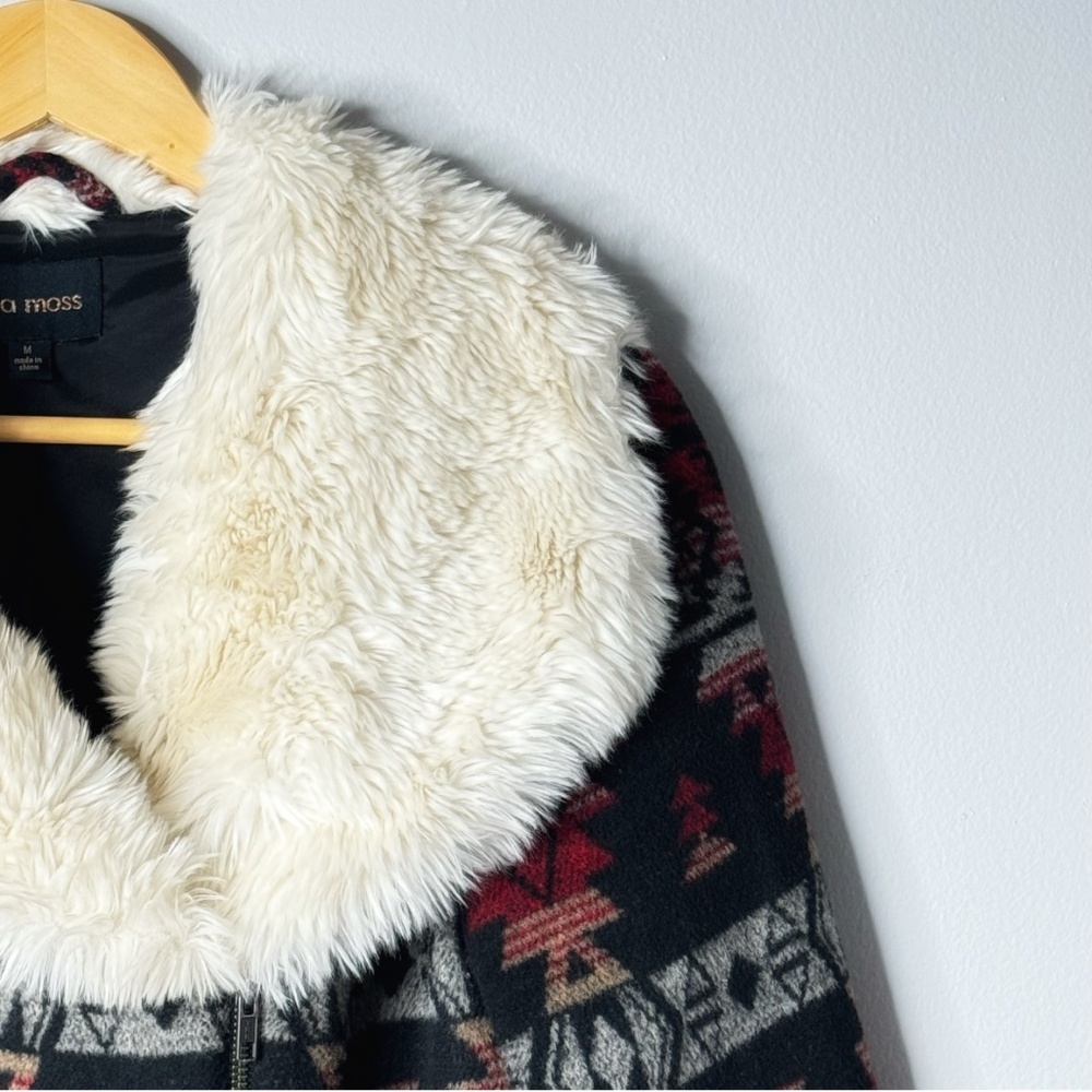 Ella Moss Anthropologie Coat Southwestern Motif Faux Fur Collar Winter Black - Picture 5 of 16
